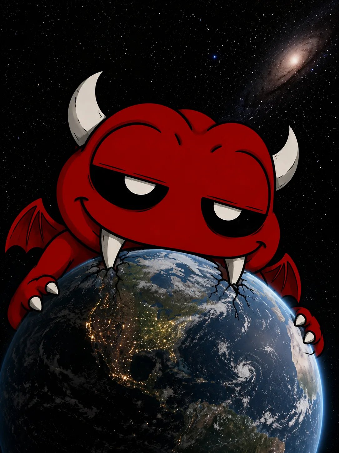 Evoad looming over the Earth, claws dug into the planet