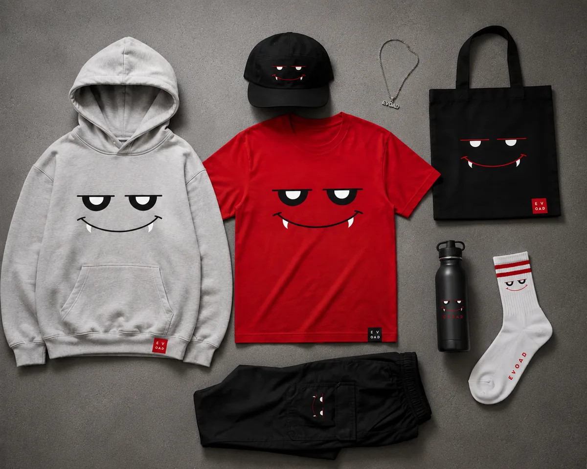 Hoodie, tee, cap, tote, bottle and socks in the Evoad collection