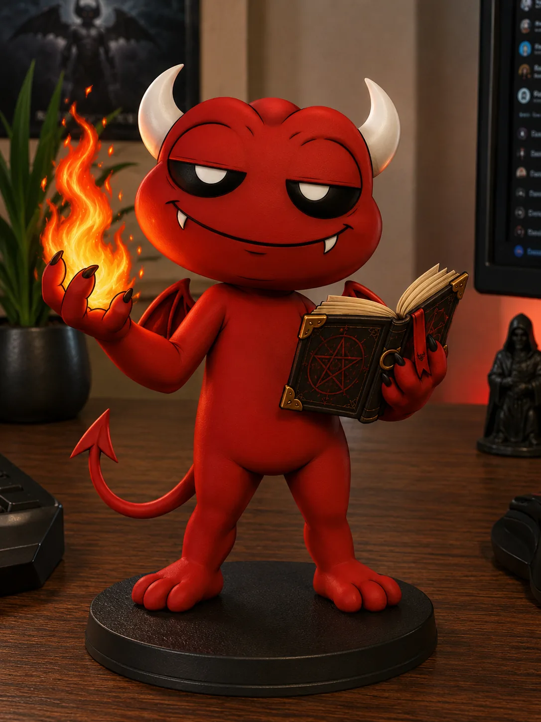 The Evoad figurine on a desk, holding a grimoire and a flame