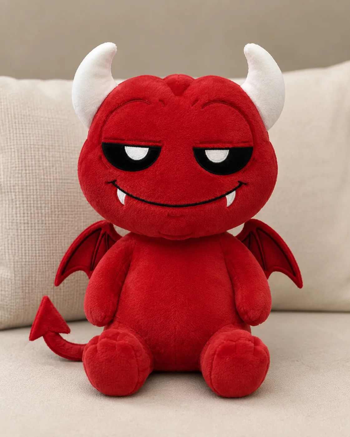 The Evoad plush toy sitting on a sofa